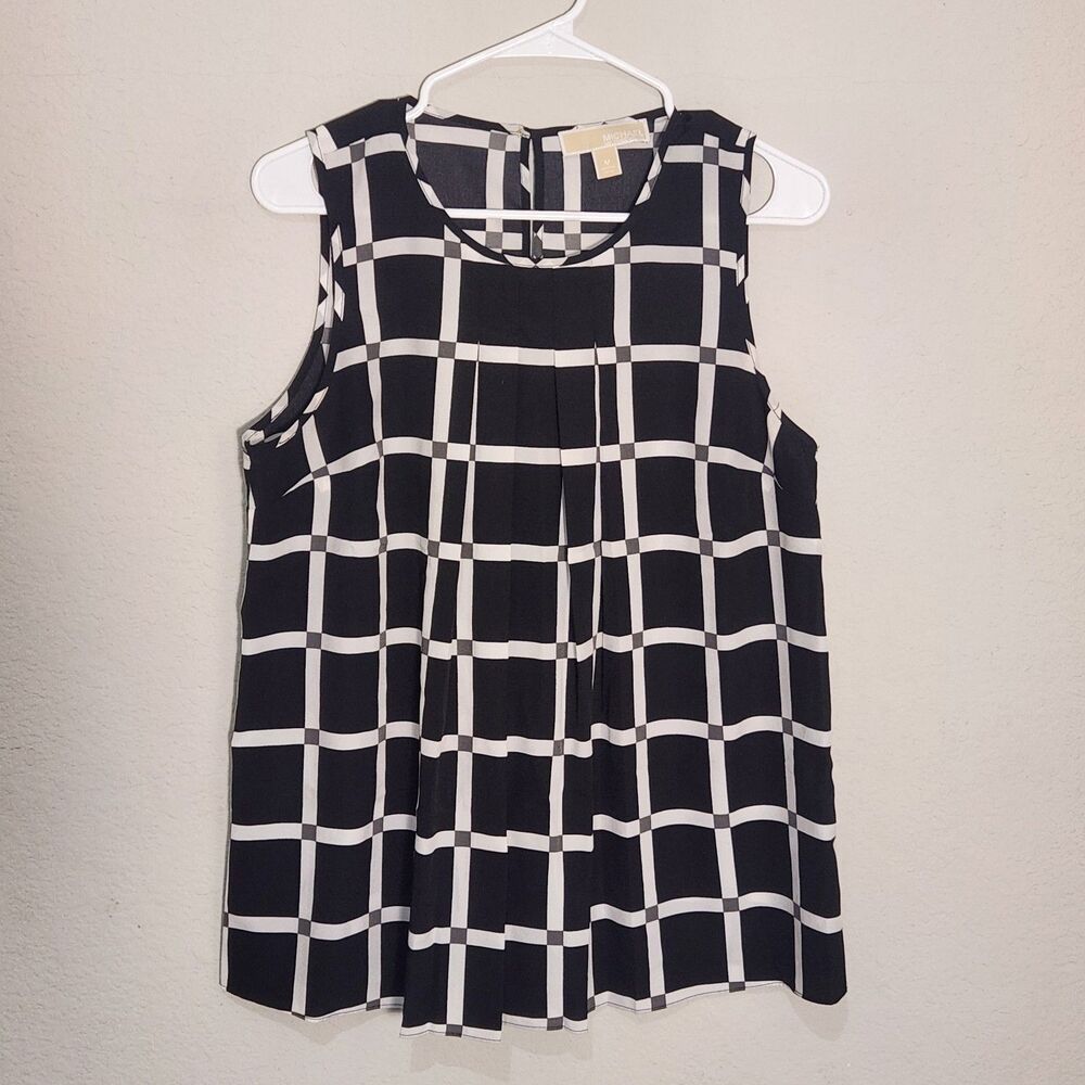 Michael Kors Windowpane Plaid Sleeveless Blouse Top Women Medium Black White